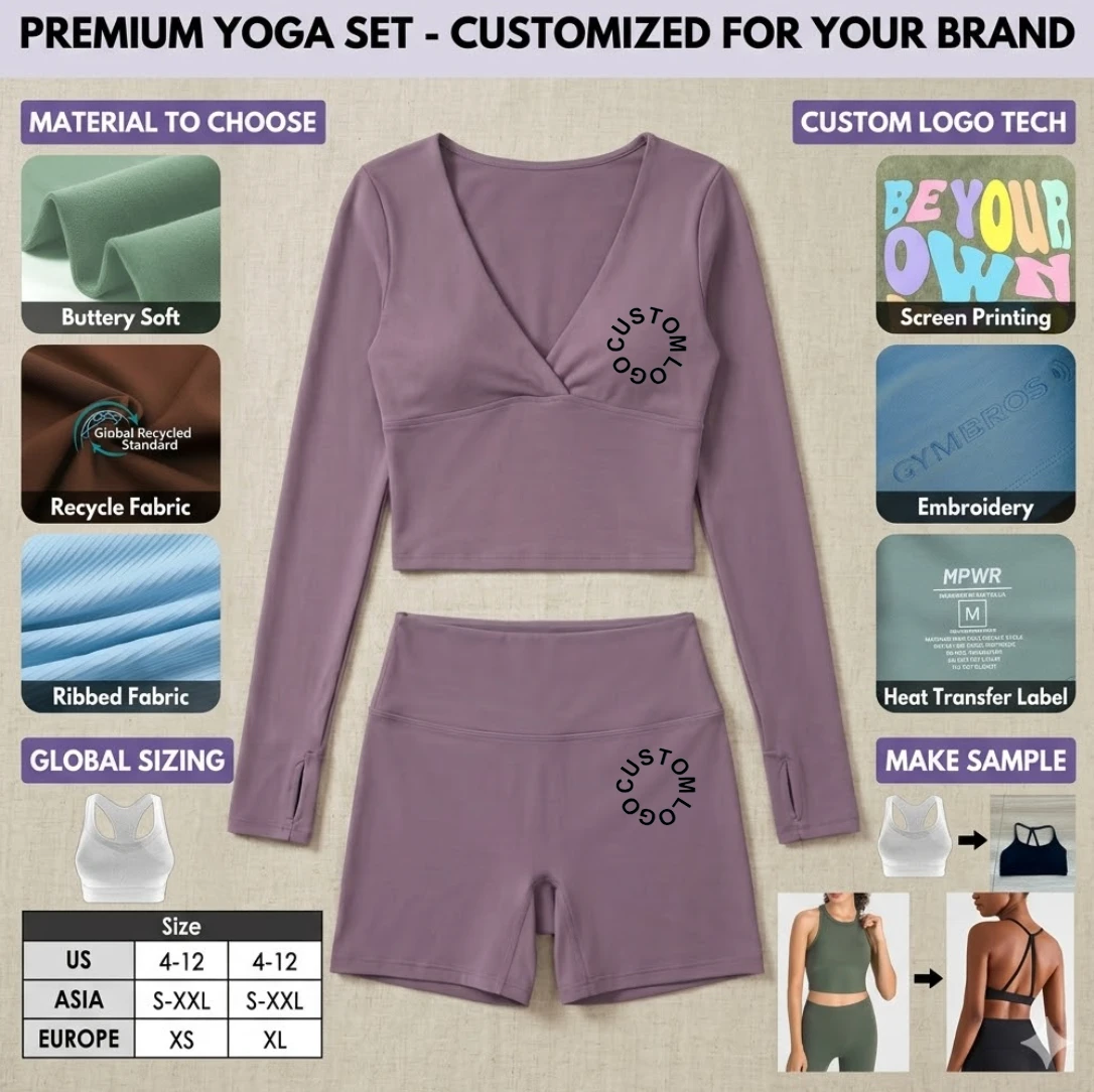 V Neck Crossover Yoga Set Waterproof Breathable 2-Piece | Long Sleeve Crop Top Thumb Holes High Waist Gym Shorts Front Women
