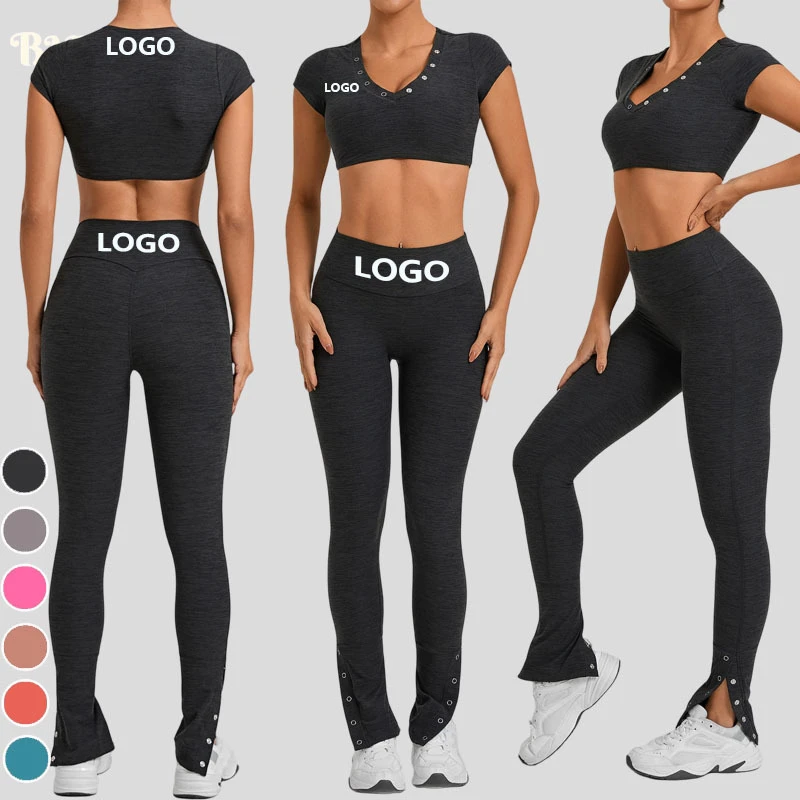 Custom Logo Gym fitness set High Elastic Flared Pants Leggings Short Sleeves Crop Top Yoga Two-Piece Set sportswear Wholesale