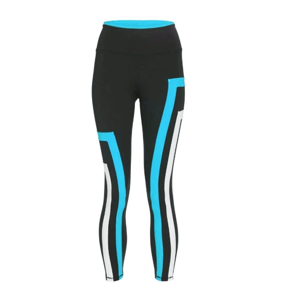 High Waist Women's Leggings Full Length Striped Sporty Design Black Blue White Color Blocked Knitted Stretch Breathable Yoga Gym