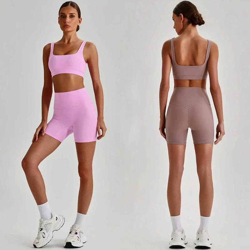 Butter Soft Square Neck Sports Bra High Waist Biker Shorts Set No Camel Toe Yoga Outfit for Women Gym Wear