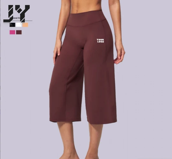 JY New Arrival Summer Brushed Yoga Calf-Length Pants Women High Waist Elastic Waist Quick Dry Wide Leg Pants for Gym Pilates