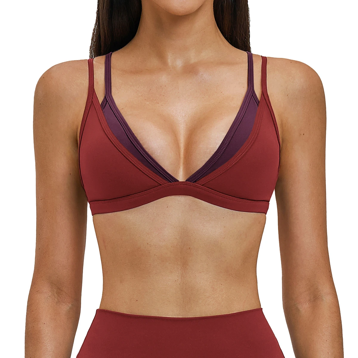 OEM Custom Super Softer Nylon Thin Straps V-shape Neck Contrast Trim Gymwear Workout Sports Top Bra for Women