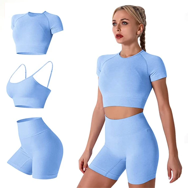 Customize 3 Pieces Sexy Gym Workout Active Wear Sets for Women, Girls Seamless Yoga Bra+Short Sleeve Crop Top+Shorts Sportswear