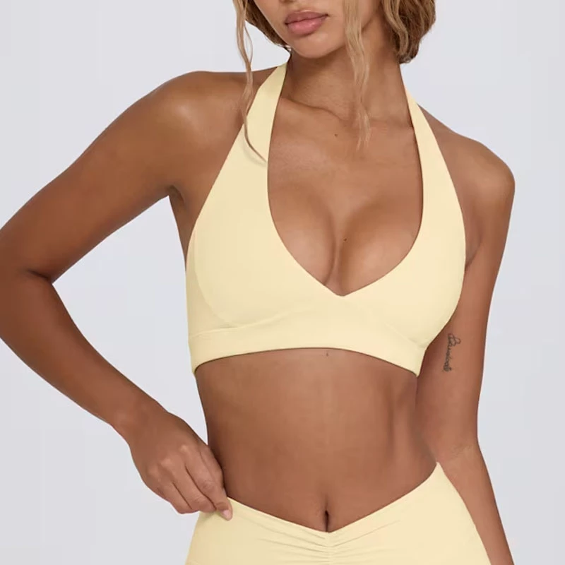 New Arrival Deep V Halter Neck Quick Dry Elastic Fitness Bra Spandex Nylon Yoga Active Compression Fitness Yoga