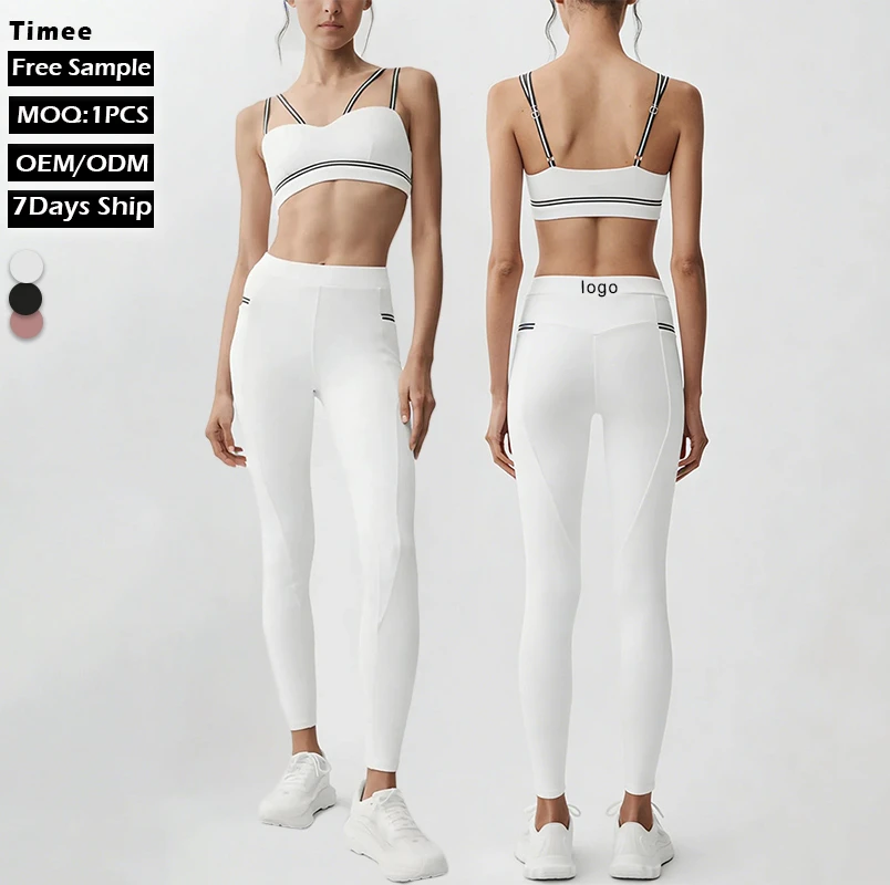 Color Block Lightweight Multi Strap Yoga Set Women with Built-in Padded Sports Bra and High Waist Elastic Waist Slim Leggings