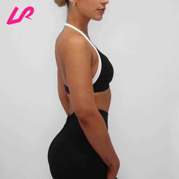 Custom High Quality Chest Pad Removable Athletic Bra Fitness Swimming Lightweight Open Back Halter Neck Women Sports Bra