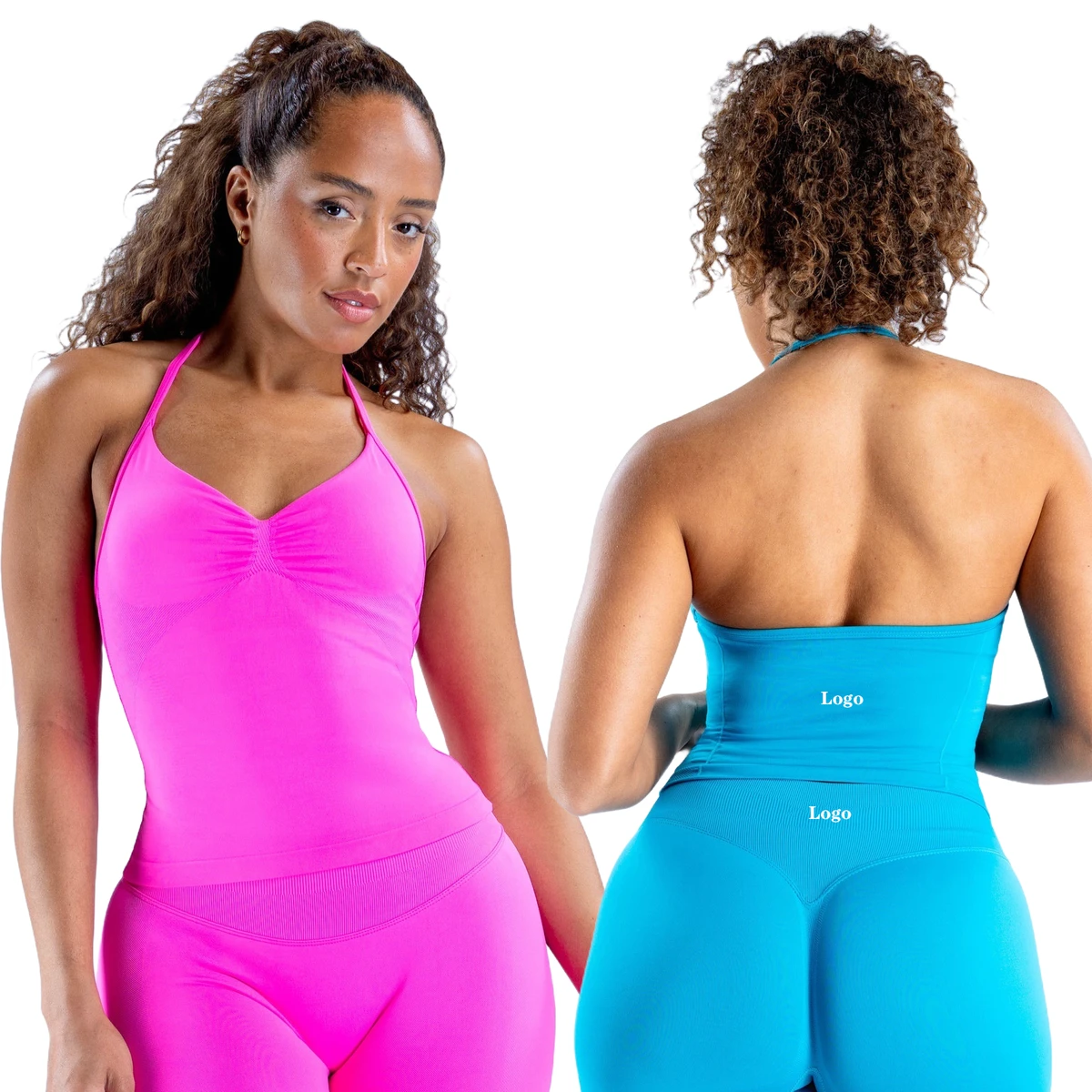 Factory Whosale Seamless Strappy Tank Tops Front Scrunch Halter Neck Sport Gym Fitness Bra Sportswear for Women