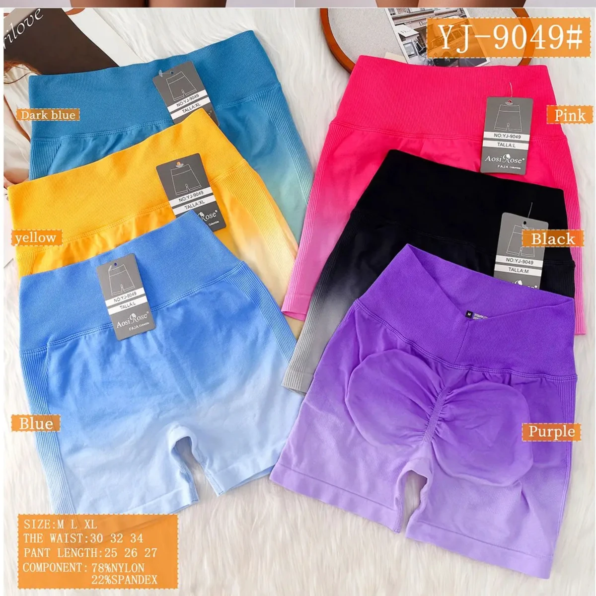 New Arrival High Waist Breathable Quick Drying Four-Way Stretch Gradient Color Spandex/Nylon Yoga Shorts Elastic Waist Sport