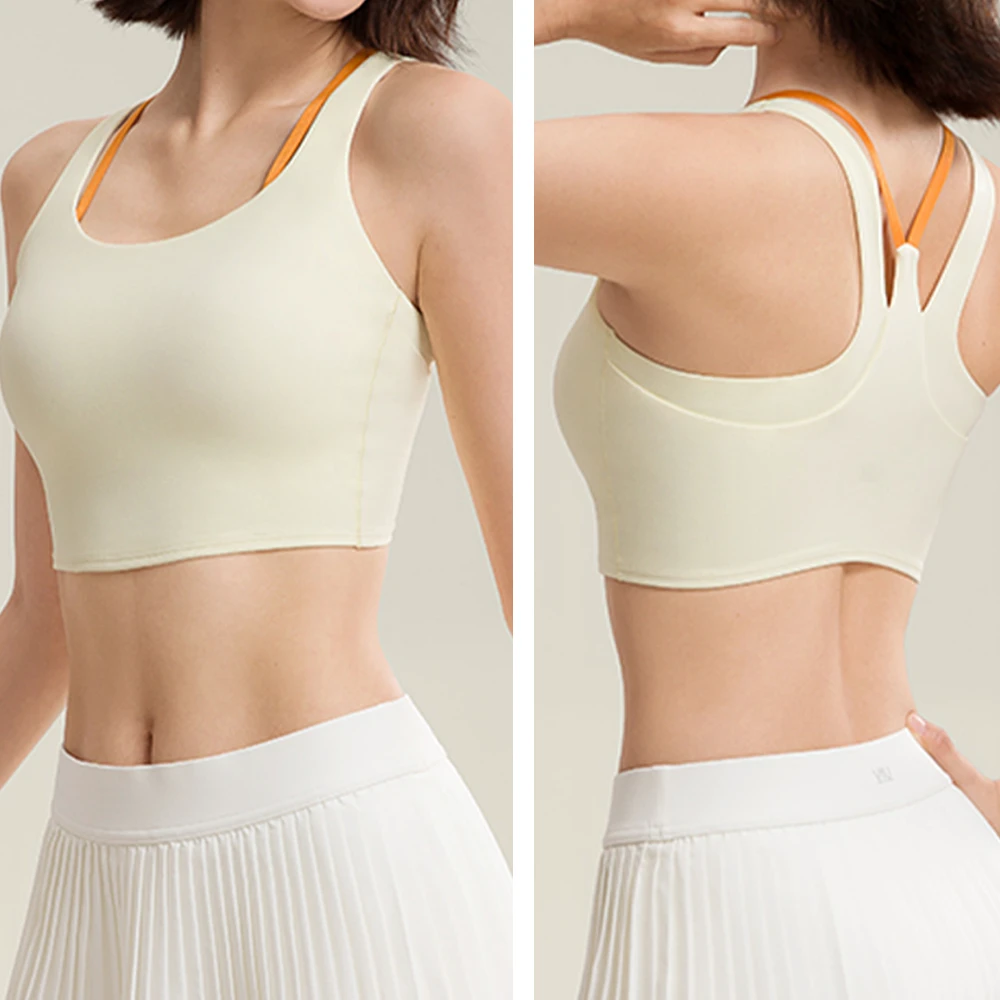 Contrast Color Strappy Sports Bra Yellow Orange Shoulder Straps Removable Pad Yoga Sports Bra for Women