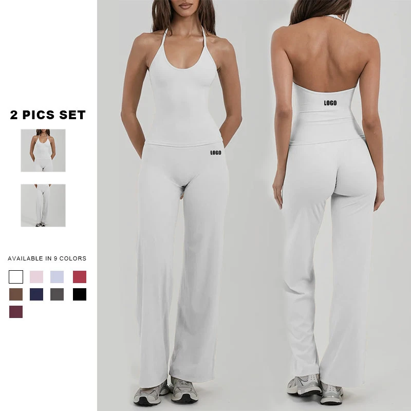 Custom Women 2 Piece Elastic Waist Quick Dry Sports Halter Bra Straight Loose Wide Leg Pants Lightweight Yoga Wear Workout Set