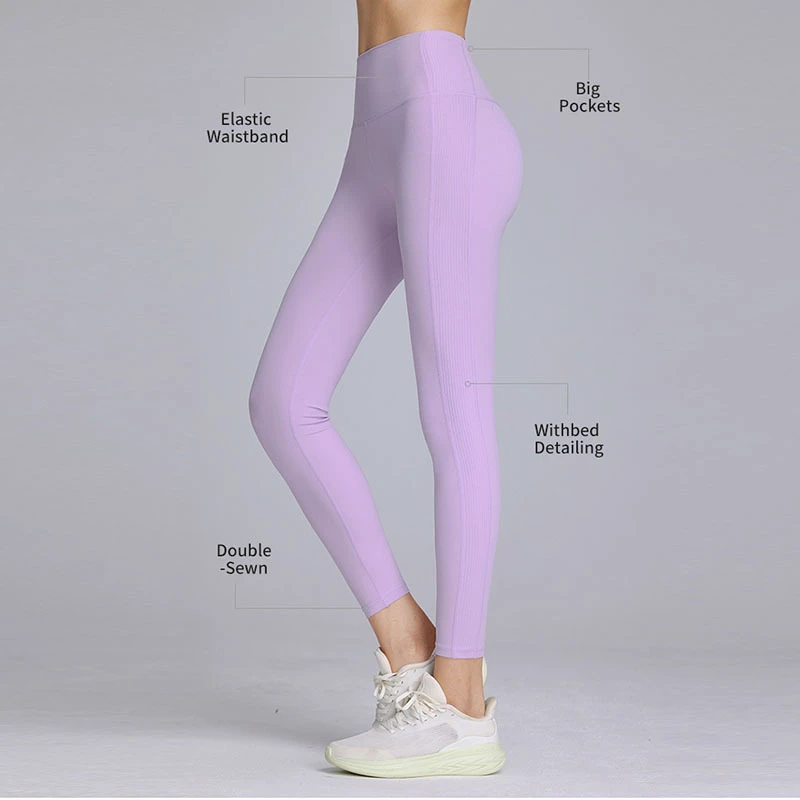 Wholesale High Quality Butt Lift Leggings Custom Logo Side Ribbed Design High Waisted Women Workout Gym Fitness Yoga Pants