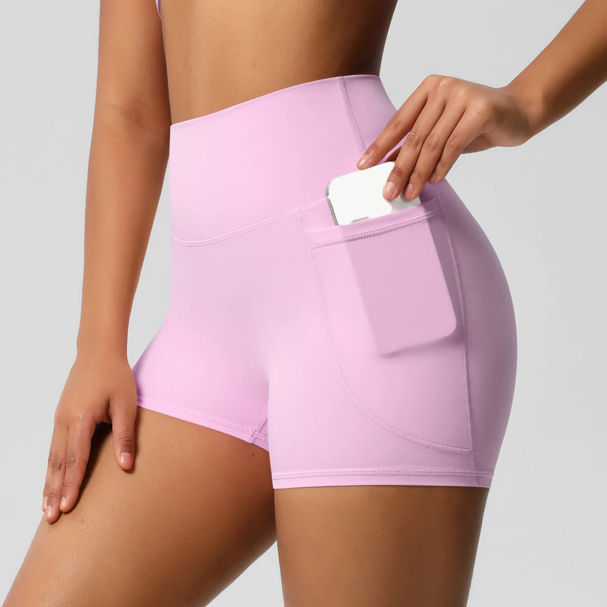 Solid Color Yoga Shorts with Side Pocket Sports Fitness Shorts Breathable High Waist Tummy Control Yoga Pants for Women