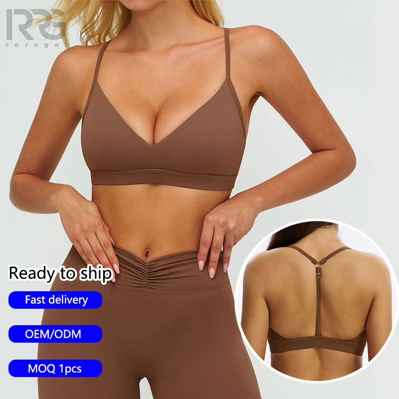Roregal Women's Removable Padding Brushed V-Neck Adjustable Straps Y-Back Design Sports Bra for Yoga Gym Running