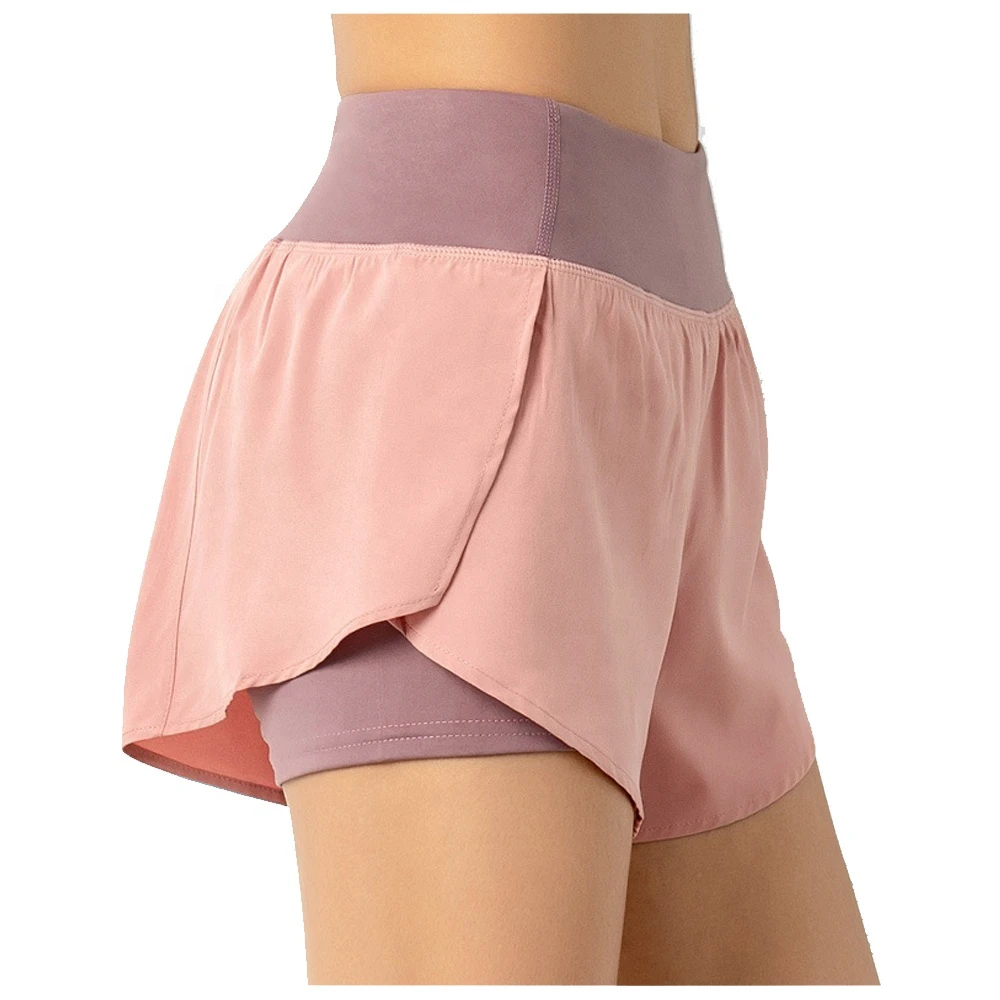 Women's High Waist Gym Compression Shorts Two-Layer Yoga Shorts with Inside Pockets Wholesale for Sports Fitness