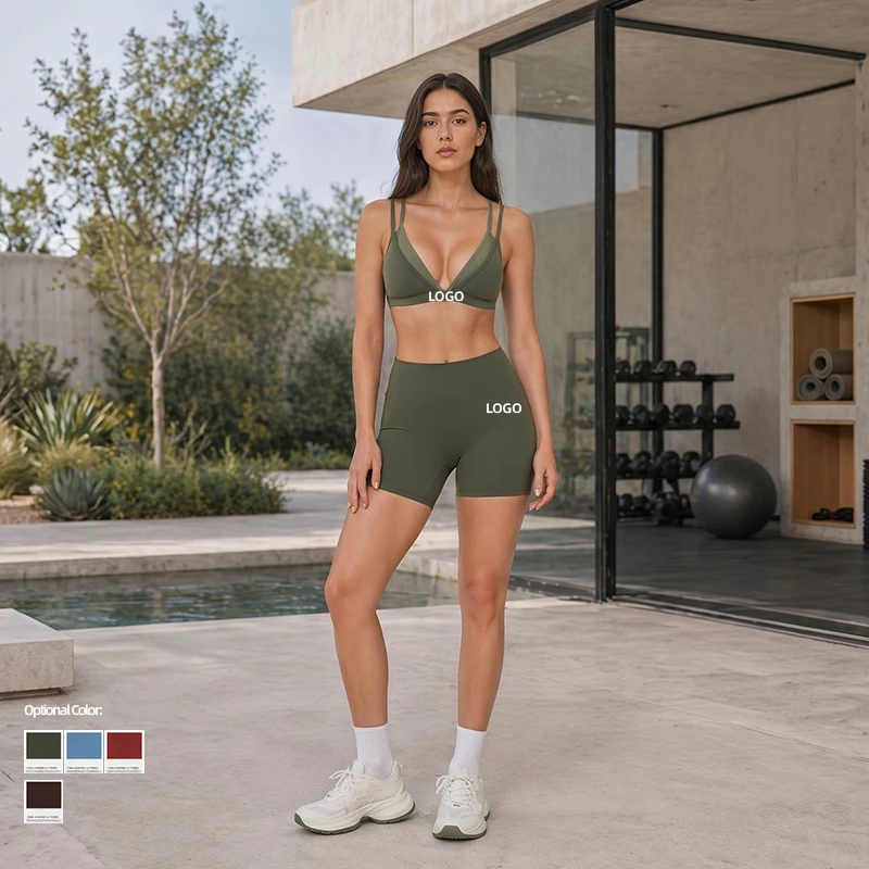 Deep V Sports Bra Yoga Set 2 Piece High Waist Shorts with Double Straps for Pilates & Casual Wear Custom logo Service