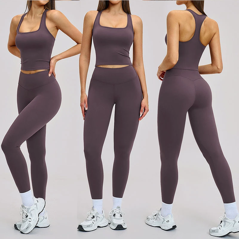 Fitness Backless Top Sportswear Wave Line Workout Sets Two Piece Outfits For Women Crop Tank Top High Waist Legging Active Wear