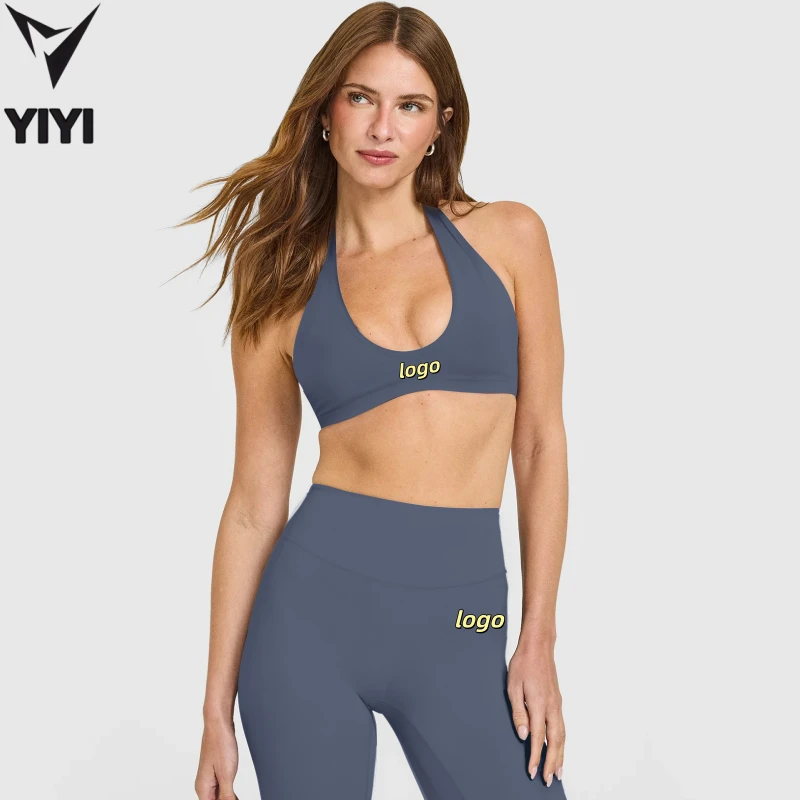 Women Brushed Sportwear 2pieces Sets Halter Bra Matching Wide Leg Pants Gym Yoga Running Daily Casual Activewear Custom Logo