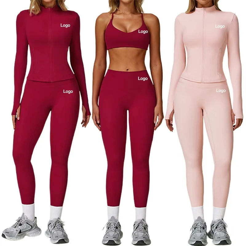 Women's Custom Logo High Waist Yoga Tights Set Breathable Quick Dry Spandex/Nylon 2-Piece Zipper Fly Closure Plus Size Solid