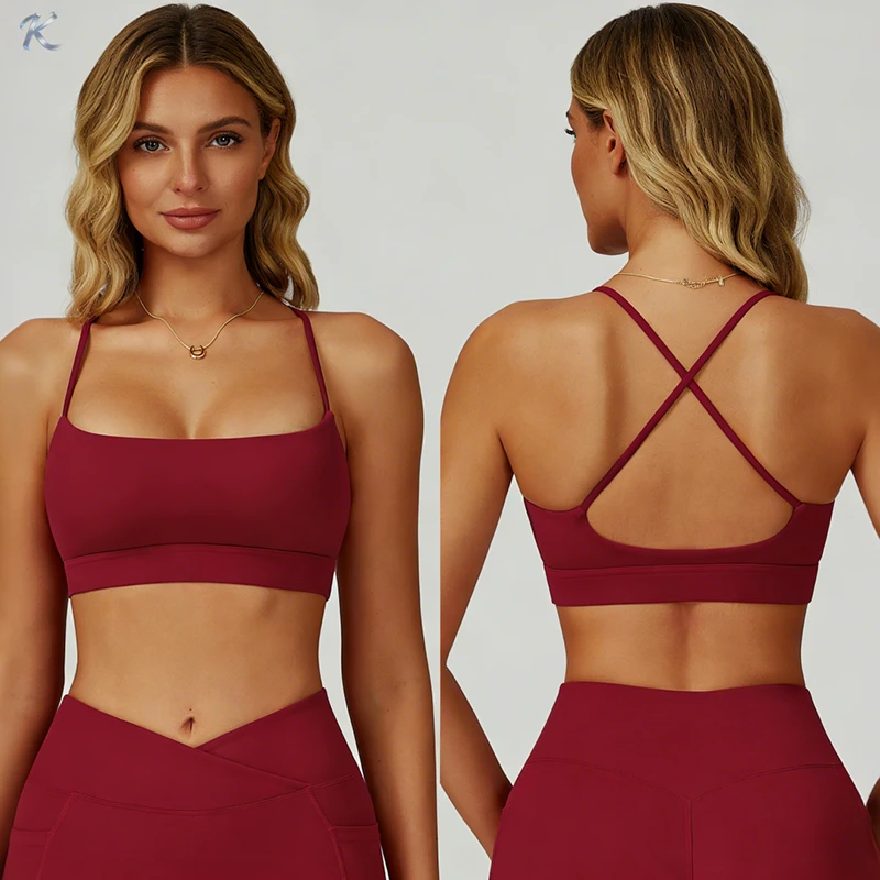 Women's Square Neck Crisscross Back Sports Bra Padded Workout Crop Top Adjustable Straps Buttery Soft Seamless Athletic Bra