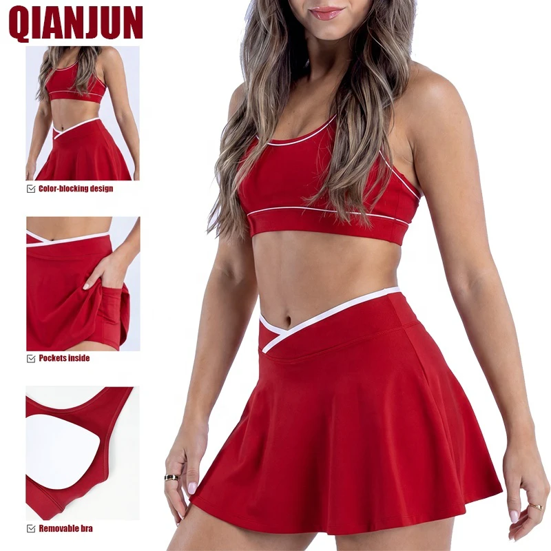 Wholesale Color Blocking Gym Suit Outfit Set for Women Two Piece Activewear Sets Tennis Wear With Shorts