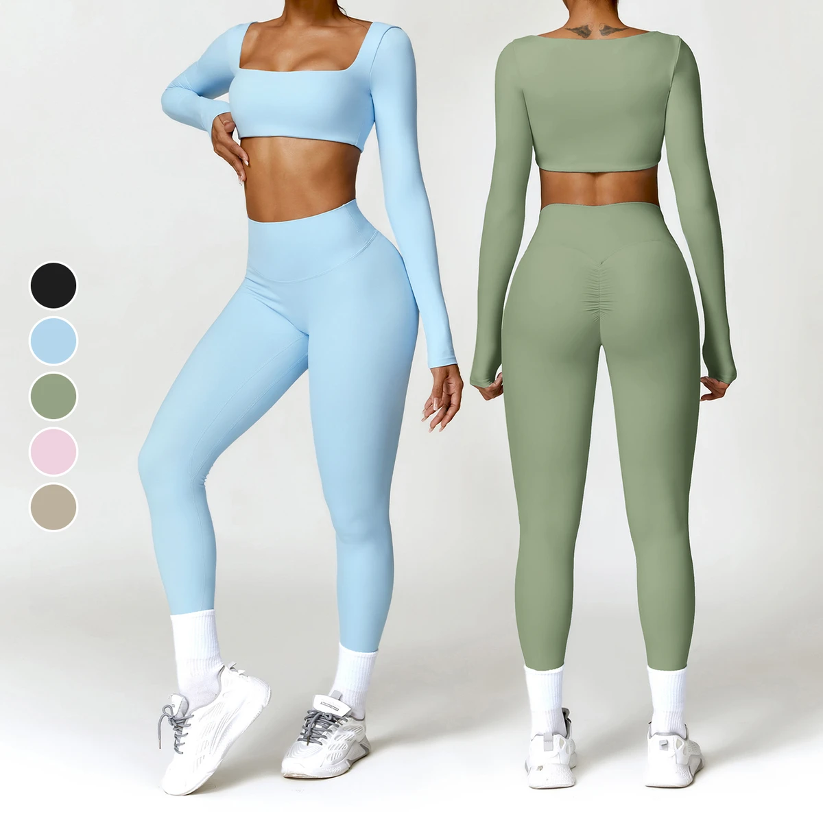High Quality Two-Piece Sports Fitness Clothing Set High-Waist Quick-Drying Solid Color High Elastic Running Womens Yoga Wear