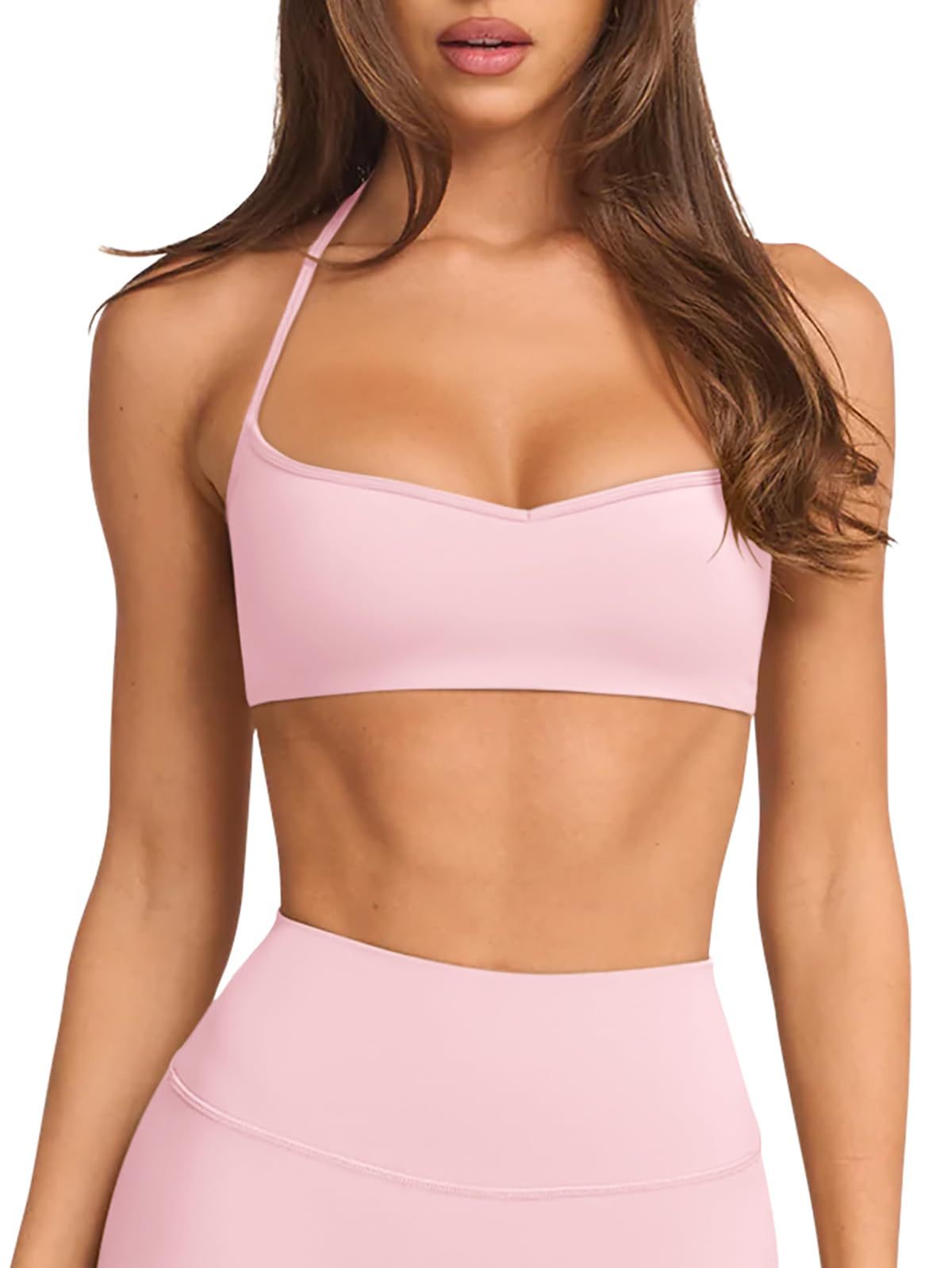 Women's U-NECK Sleeveless Cropped Yoga Workout Gym Bra Spaghetti Strap Medium Support Built-In Sports Bra Breathable