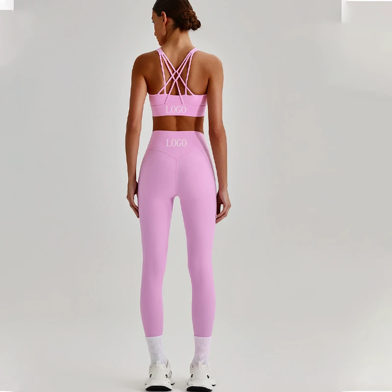 Yoga Set Bra Leggings Cross-Shoulder Straps Clothes Sportswear Training High Waist Wear Womens Gym Wholesale Customized Logo