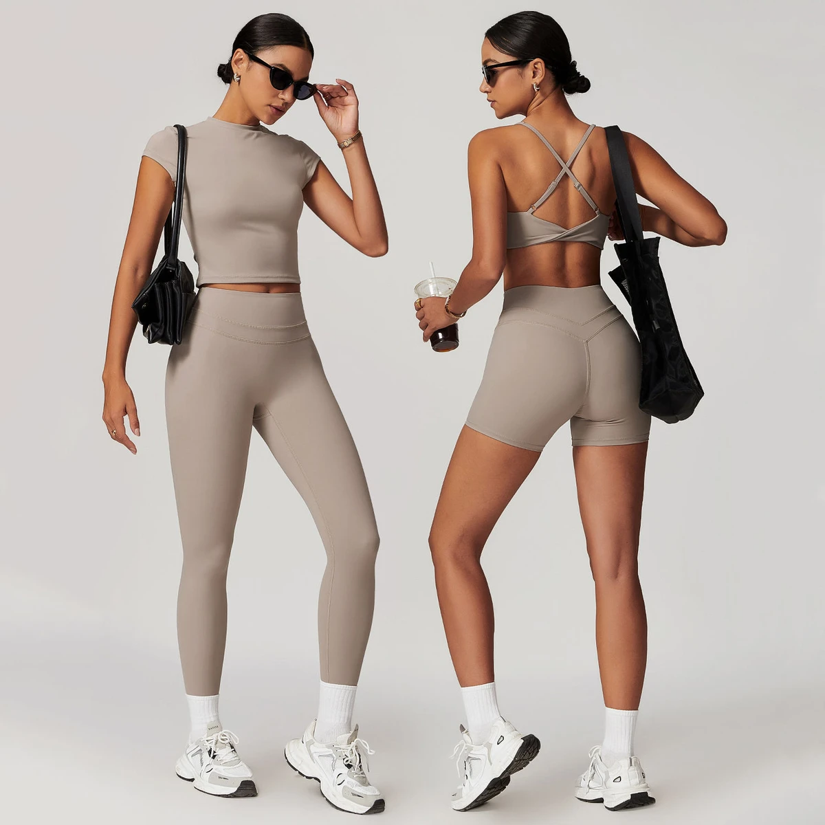 Women Solid Front 2 Piece Yoga Set Short Sleeve Top High Waist Bra Leggings Breathable Stretch Quick Dry Gym Fitness Activewear