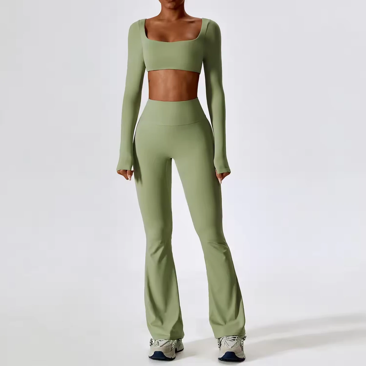 Women's High Waist Flared Leggings Solid Color Stretch Breathable Full Length Knitted Yoga Pants