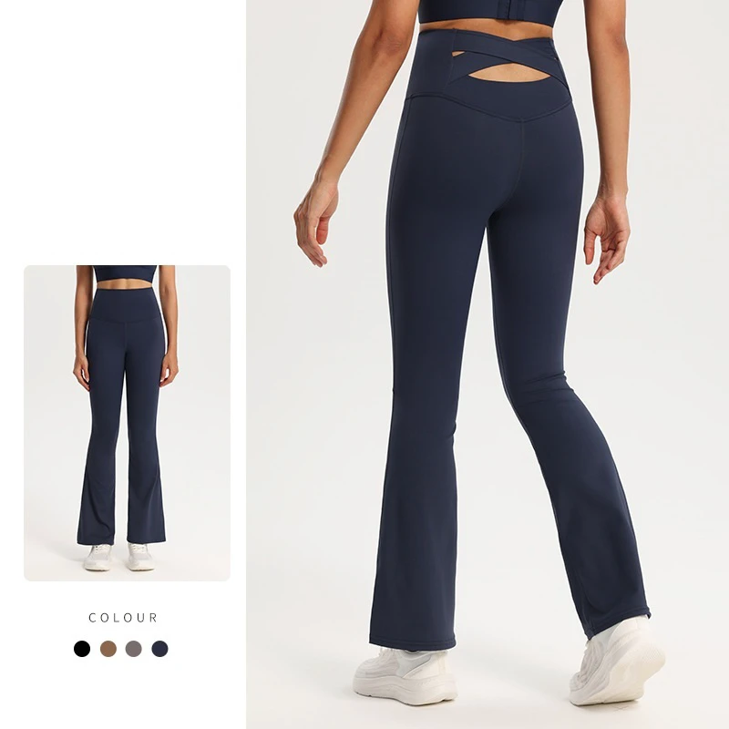 Women's High Waist Flared Yoga Leggings Elastic Waist Workout Pants Solid Pattern Breathable Sports Ankle-Length Gym Activewear