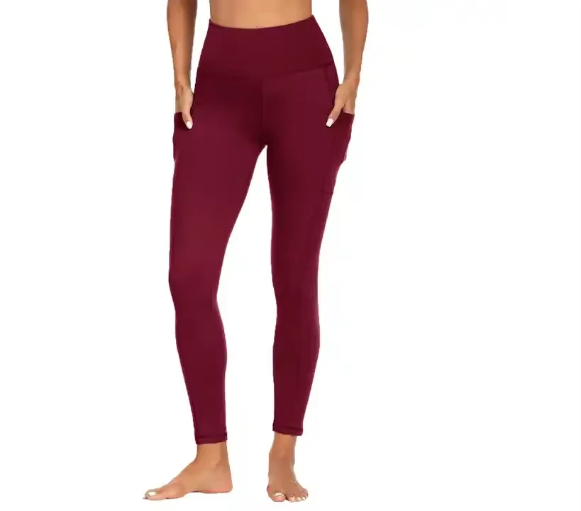 High Waist Full Length Yoga Leggings With Pockets Seamless Spandex Nylon Four-Way Stretch Solid Color Women Activewear Pants