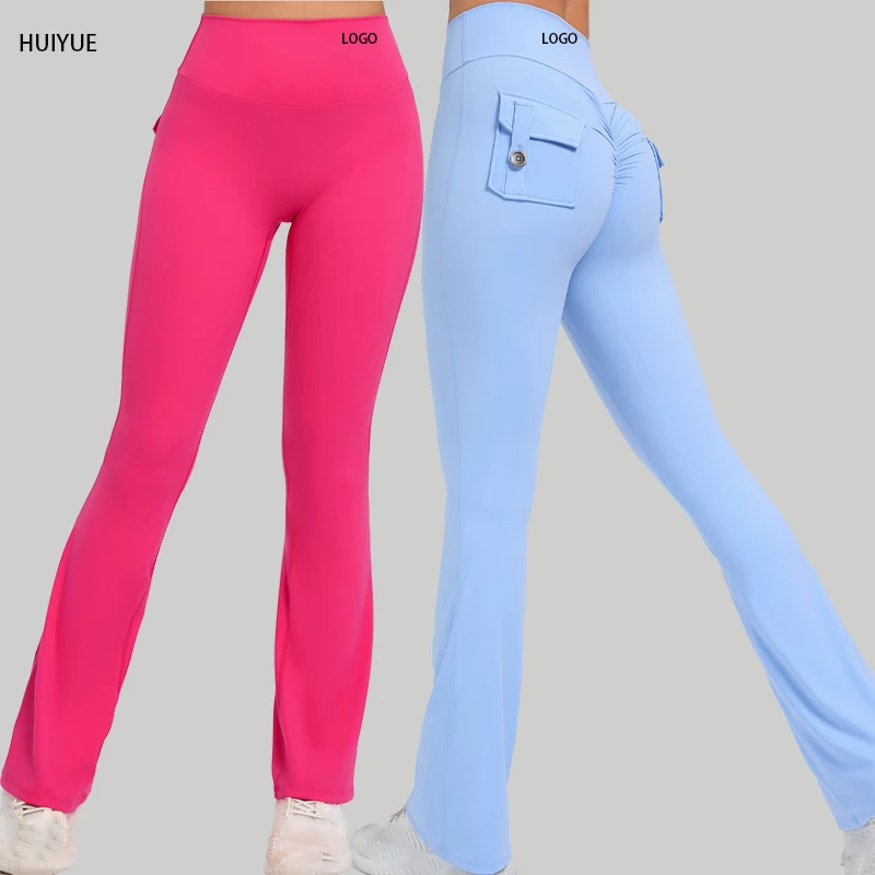 Women's High Waist Peach Butt Lift Button Yoga Elastic Flared-Leg Pants Pockets Spandex/Nylon Four-Way Stretch Breathable Quick