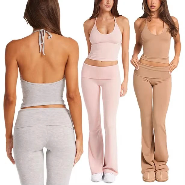 Hot Sale Solid Yoga Halter Crop Top Flare Leggings 2 Piece Workout Set Front High Waist Nylon Spandex Quick Dry Elastic Waist
