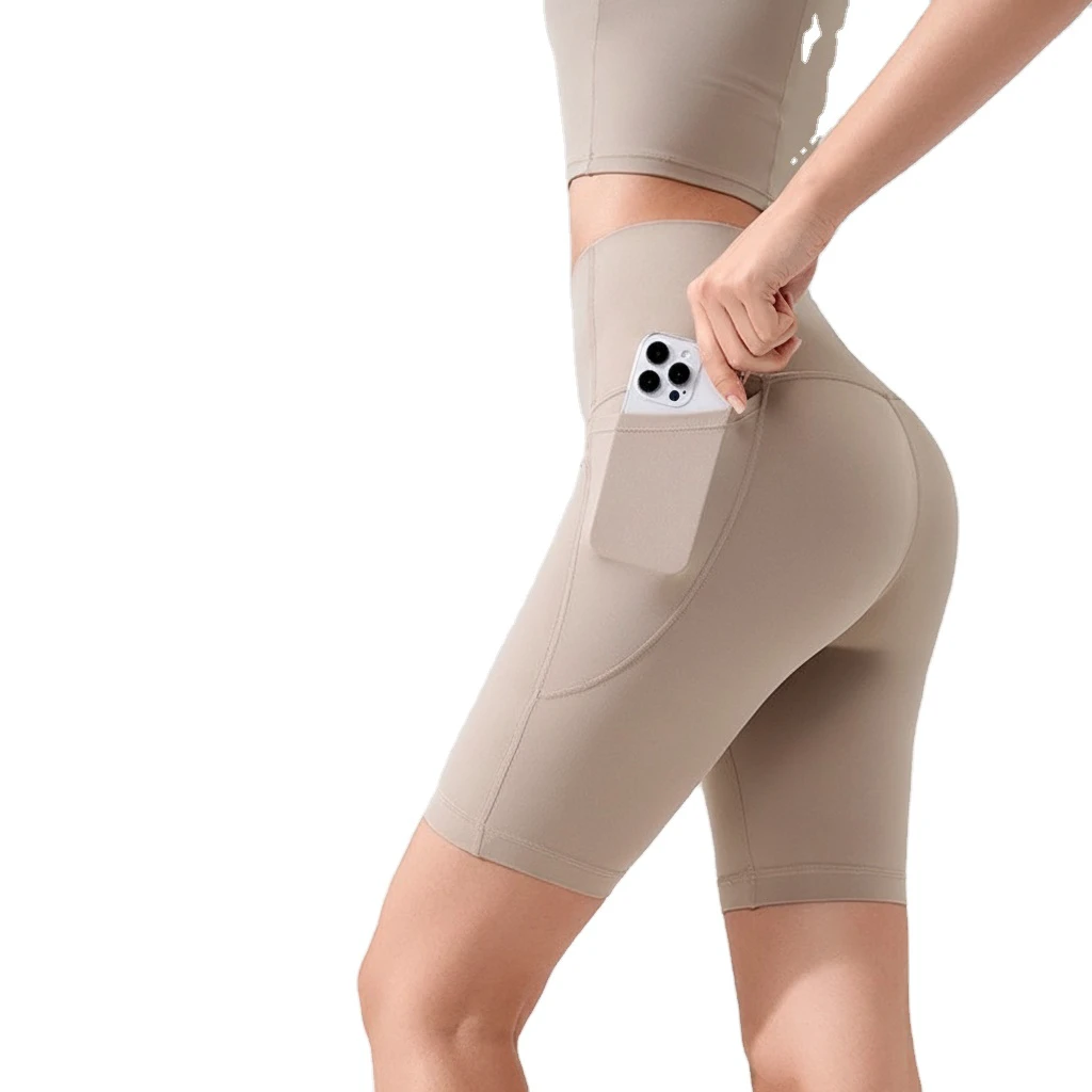 Summer Solid Moisture-wicking Quick-drying Breathable Spandex Nylon Yoga Shorts Women's High Waist Drawstring Hip Lifts Pocket