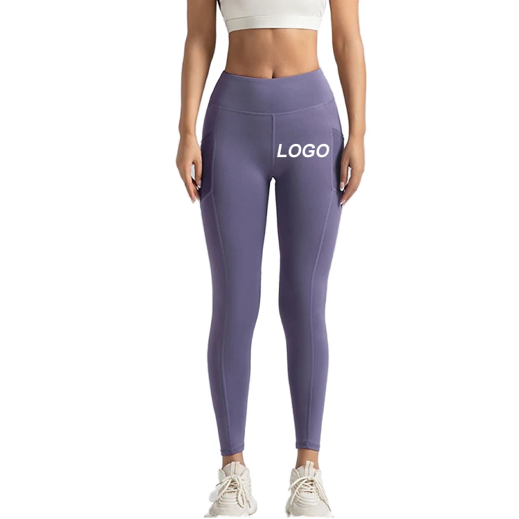 High-Waisted Full Length Quick Dry Gym Leggings Elastic Waist Scrunched Butt Yoga Breathable Push-up Solid Pattern Pockets
