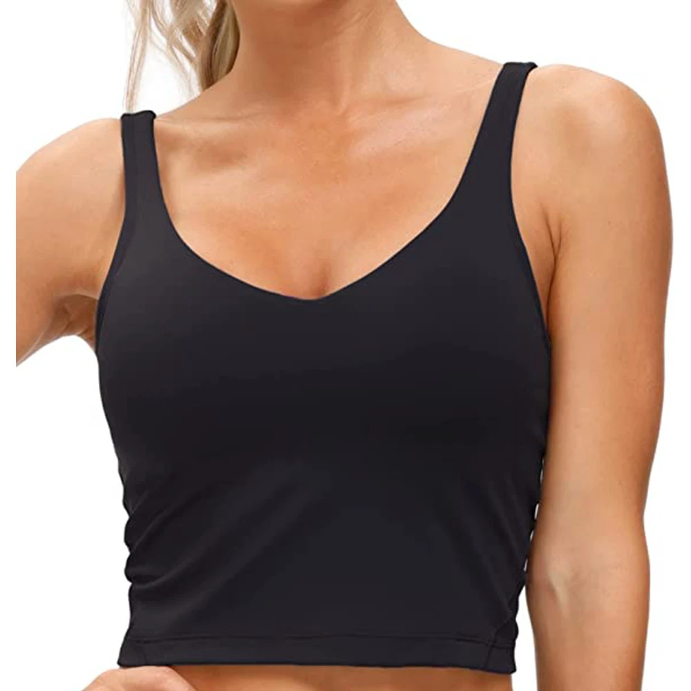 Wholesale Women's V Neck Padded Sports Bra Crop Tank Top Medium Support Yoga Bra with Removable Pad