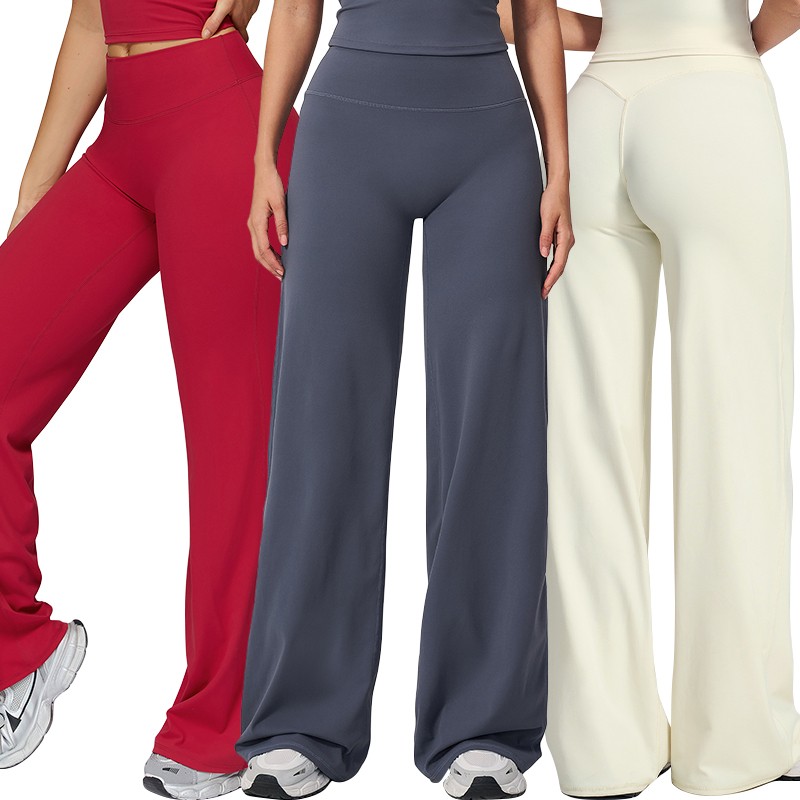 ECK3127 Women's Solid High Waist Butt Lifting Elastic Waist Stretchy Nylon Spandex Casual Flare Wide Leg Yoga Workout Pants