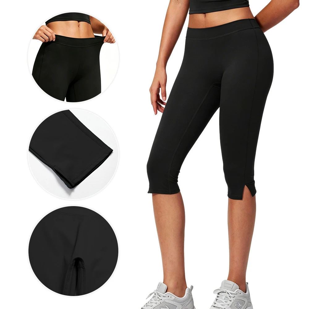 Capri Length Yoga Leggings with Ankle Slit, Women's High Waist Stretchy Workout Pants, Moisture Wicking, Low MOQ