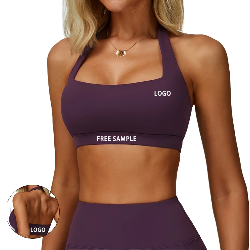 Custom Women's Backless Quick Dry Yoga Bra High-Intensity Gym Bra Running Workout Breathable Compression Halter Neck Sports Bra