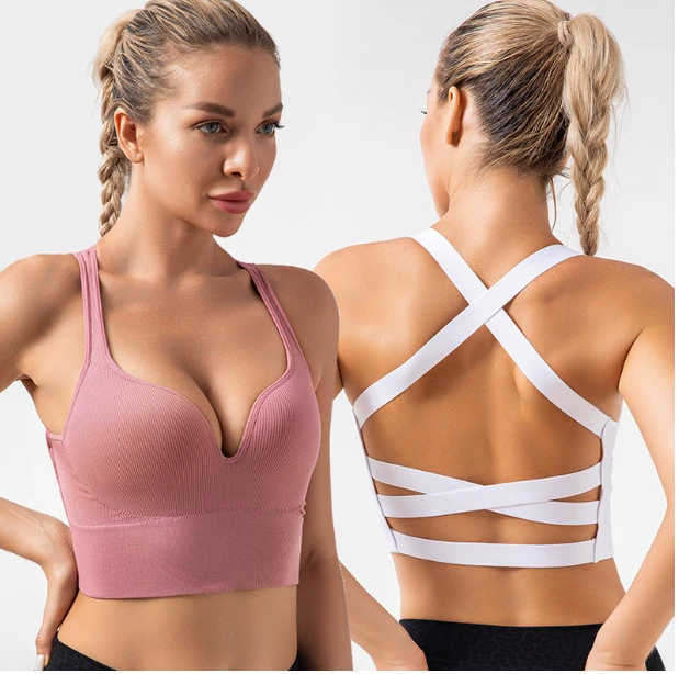 Plus Size Ladies Bras Super-Soft Stretchy Yoga Sports Bra High Impact Shockproof Padded Cross-Back Gym Breathable Bra Stock