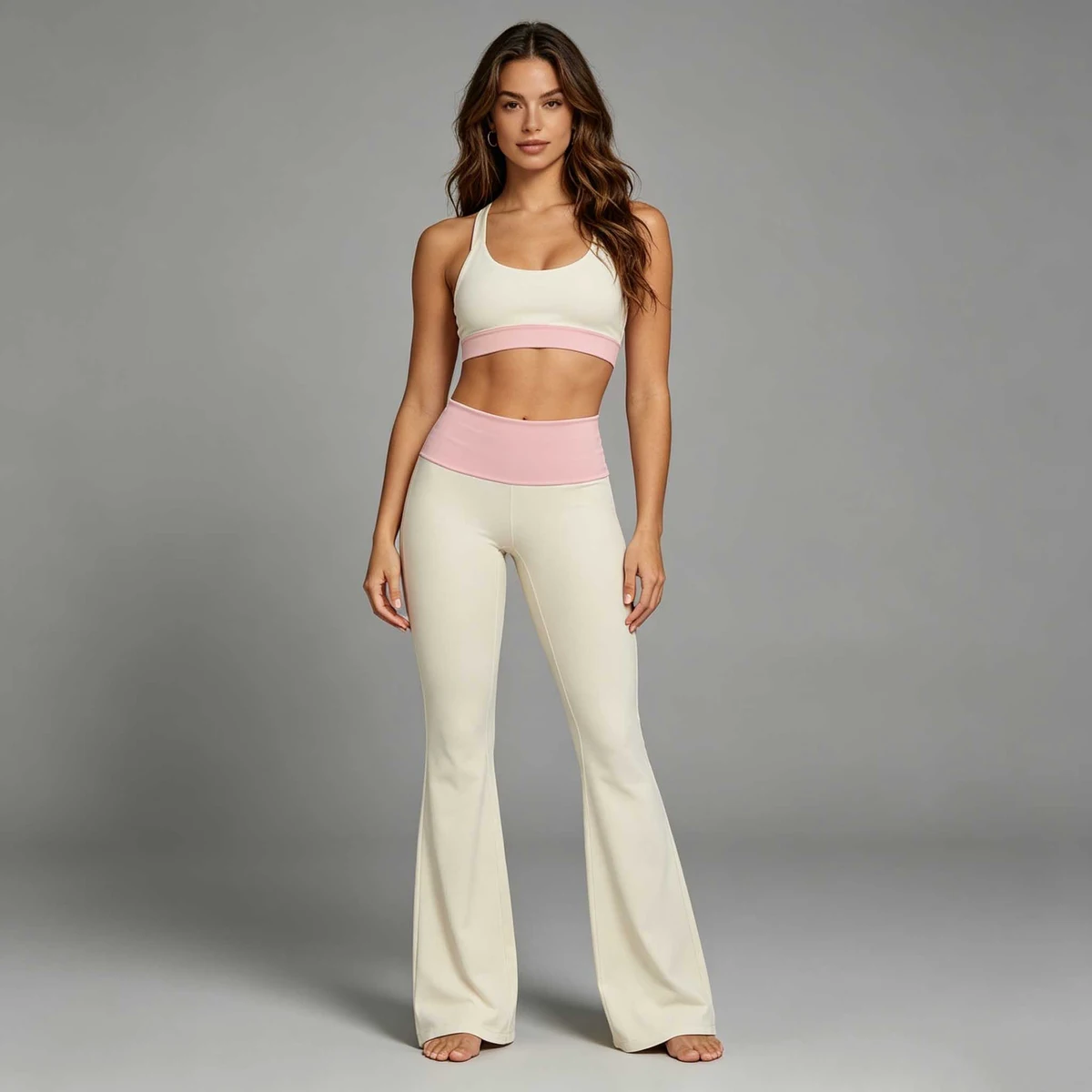 Women High Waisted Yoga Pants Pink Color Block Flare Leggings