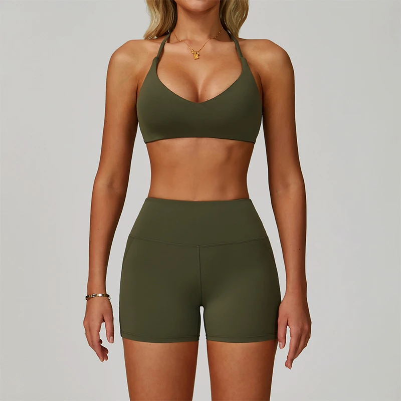 XW-TZ3091-3 Wholesale Beautiful Cross Back Design Ladies Sports Bra High Waist Biker Shorts Fitness Two Piece Yoga Set Women