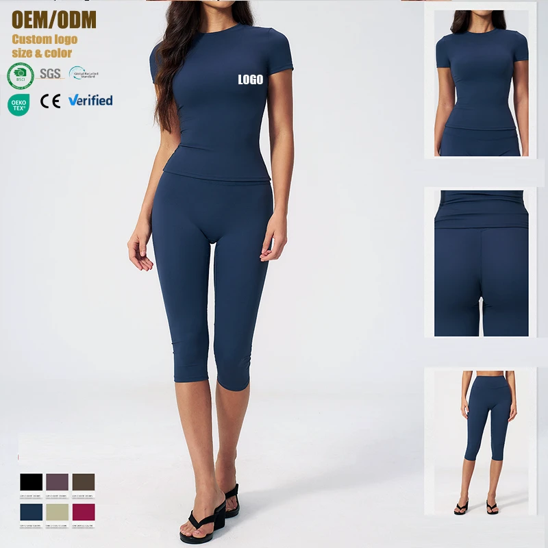 Breathable Tight Solid Yoga Suit Body-shaping High Waist Quick-drying Women Fitness Set Fitness Cropped Pants Sports Sets