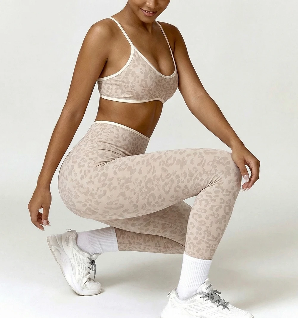 Custom Logo Leopard Print Yoga Set | Seamless High Waist Leggings & Bra Suit | Sexy Scrunch Butt Lifting 2 Piece Gym Outfits