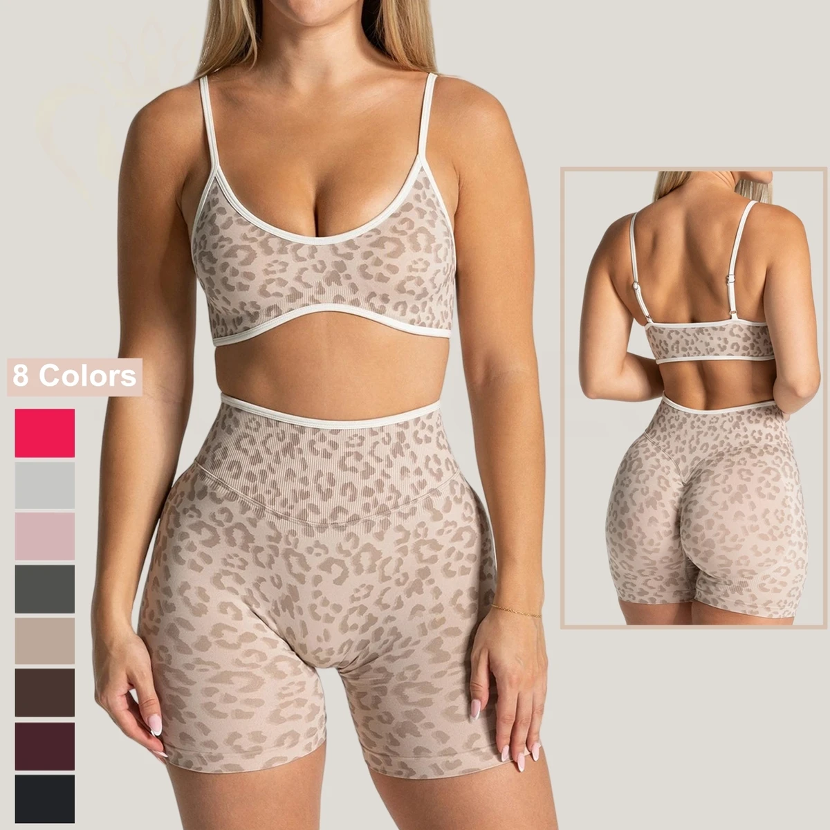 High Quality Yoga Women Set 2PC Leopard Print U Neck Color Blocking Sport Bra Set with Pads High Waist Booty Lifting Shorts Suit