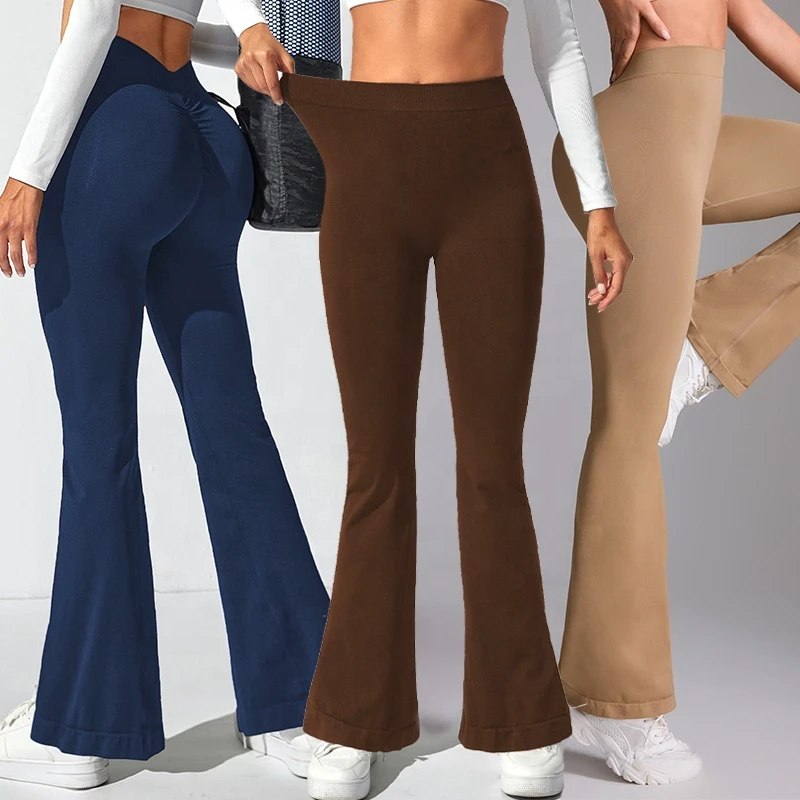 Women Seamless Back Waist V Butt Lifting Flare Leggings Workout Tummy Control Crossover Waist Wide Leg High Waisted Yoga Pants