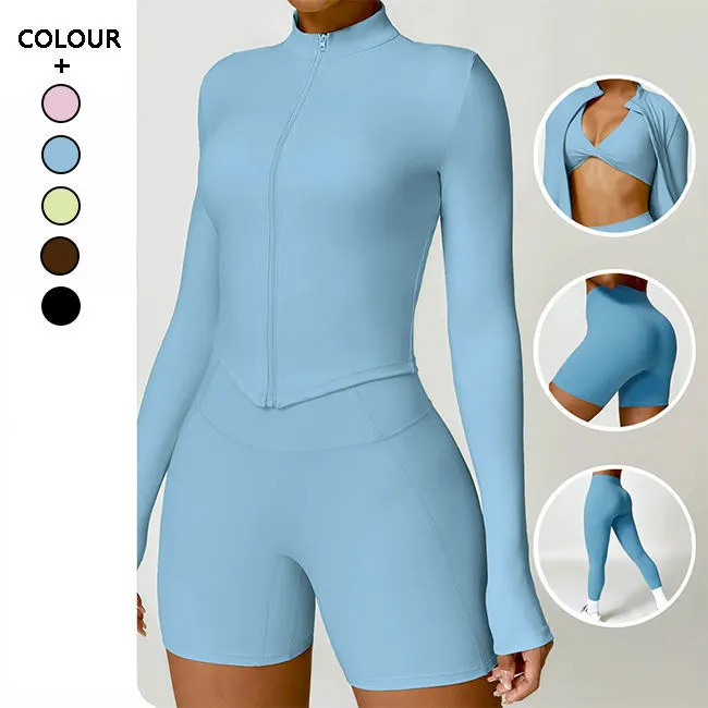 OEM Plus Size Yoga Set Solid Workout Leggings Zipper Tight Jacket Long Sleeve Gym Wear Running Training Sport Shorts Fitness Bra