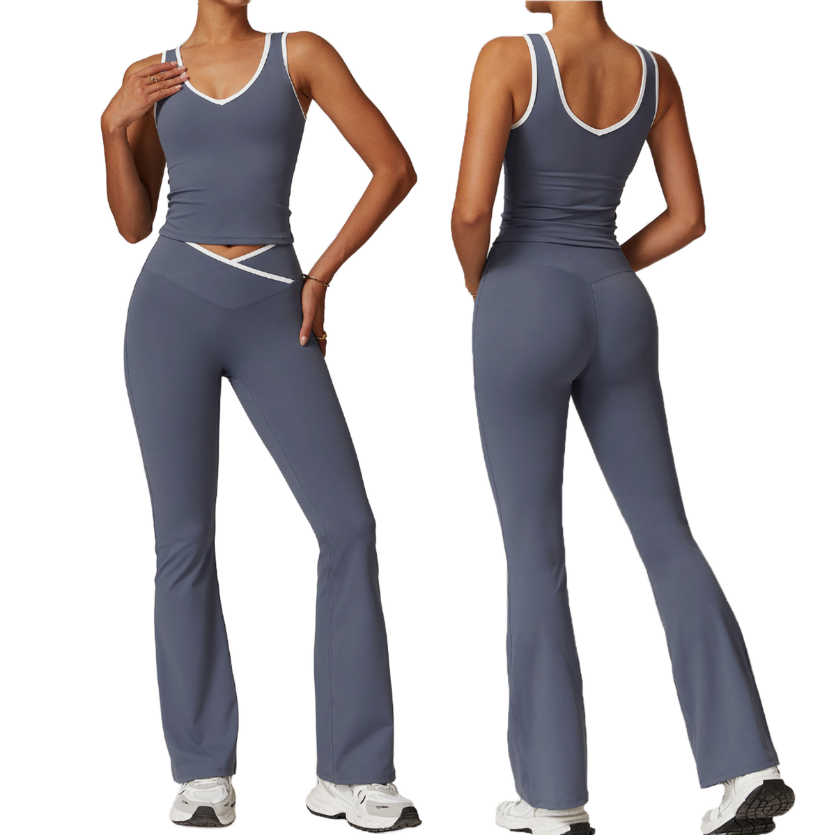 Women's Solid V Elastic Waist High Fitness Flared Leggings Bra 2-Piece Set Breathable Lightweight Four-Way Stretch