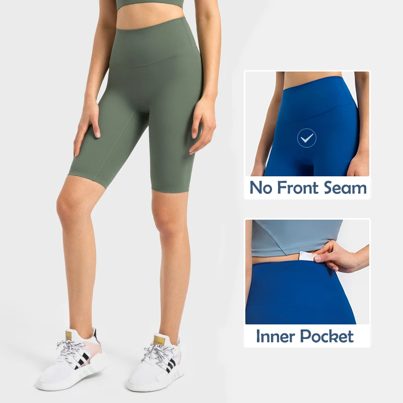 New Hot Sale No Front Seam Sports Shorts With Inner Pocket High Waist Yoga Gym Fitness Biker Shorts