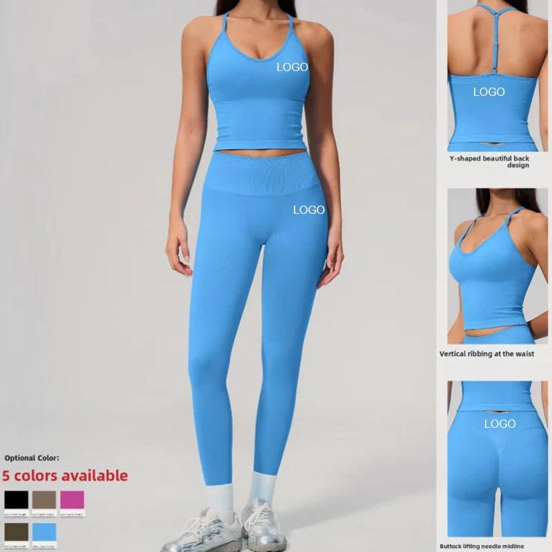 For Seamless Solid Yoga Suit Halter-Neck High-Stretch Backless Butt-Lifting 2-Piece Quick-Dry Fitness Outfit Sports Set
